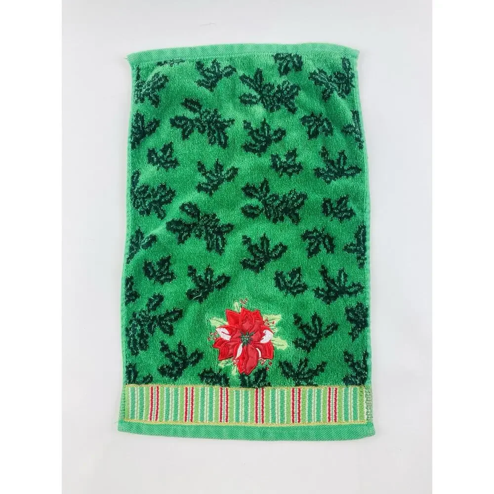 Christmas Towel Set Poinsettia Holly Embroidered Green Bath Body Hand Washcloth